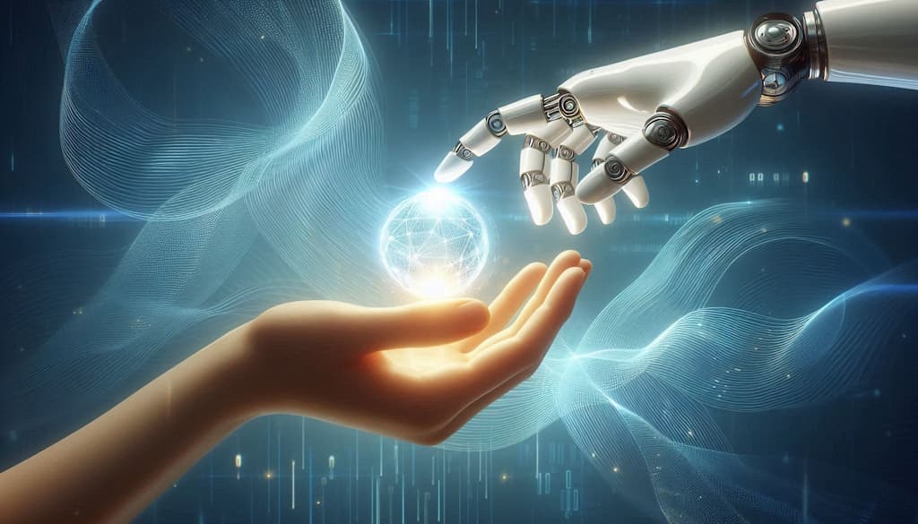 Realistic modern image of a human hand and robotic hand
