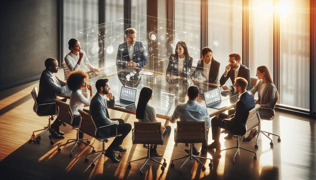 A realistic photo of a small business team of individuals collaborating in a bright modern office