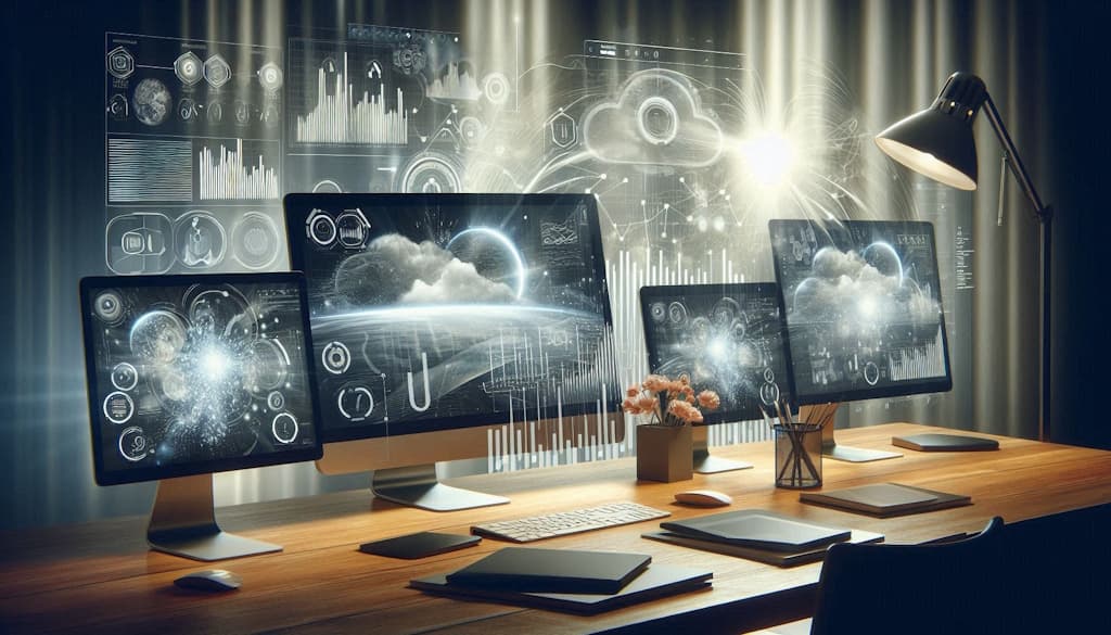 A modern, professional workspace with multiple devices