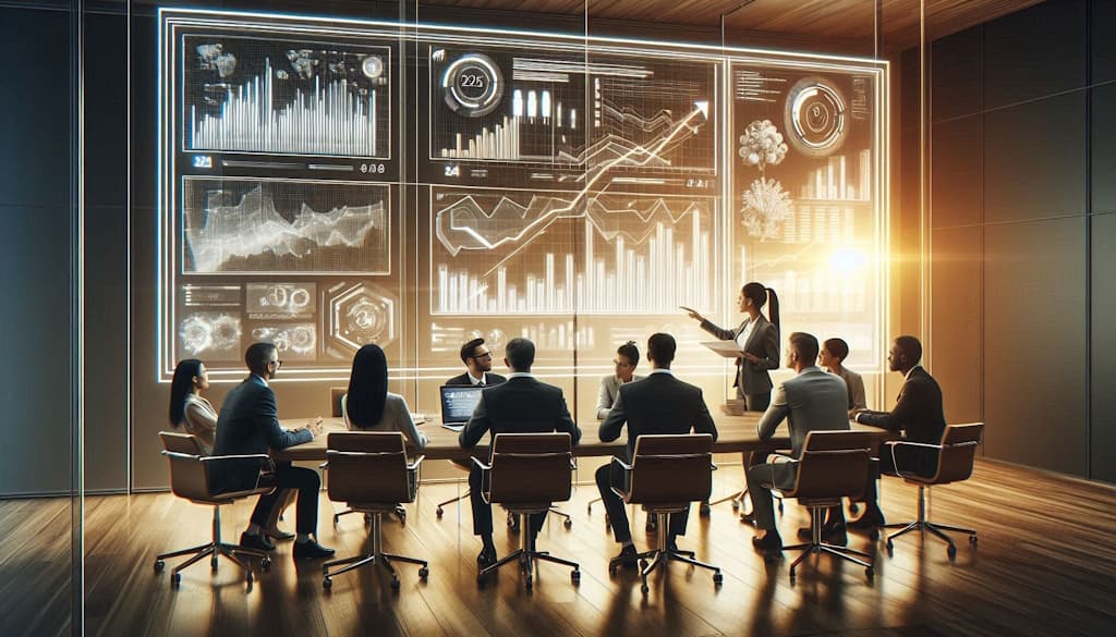 A realistic photo of a diverse business team reviewing analytics on digital transparent screens in a bright modern office